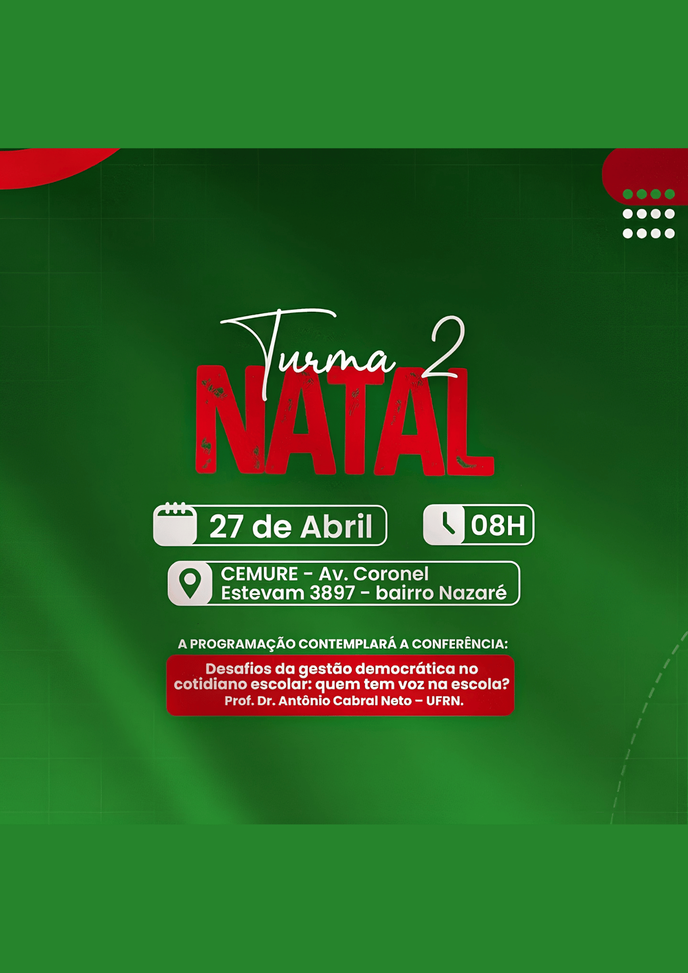 Programação da aula inaugural em Natal.